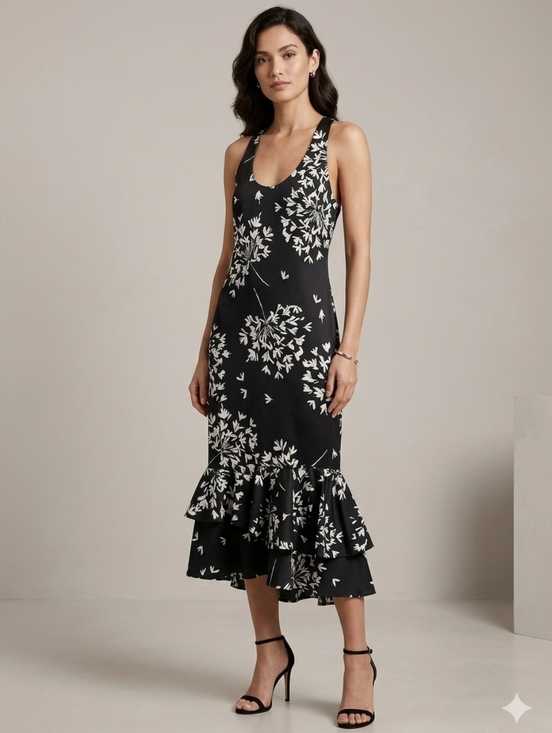Banana Republic Dresses & Skirts - Babana Republic  Black Dress with White Floral Print and Ruffle Hem Sz 6 tall